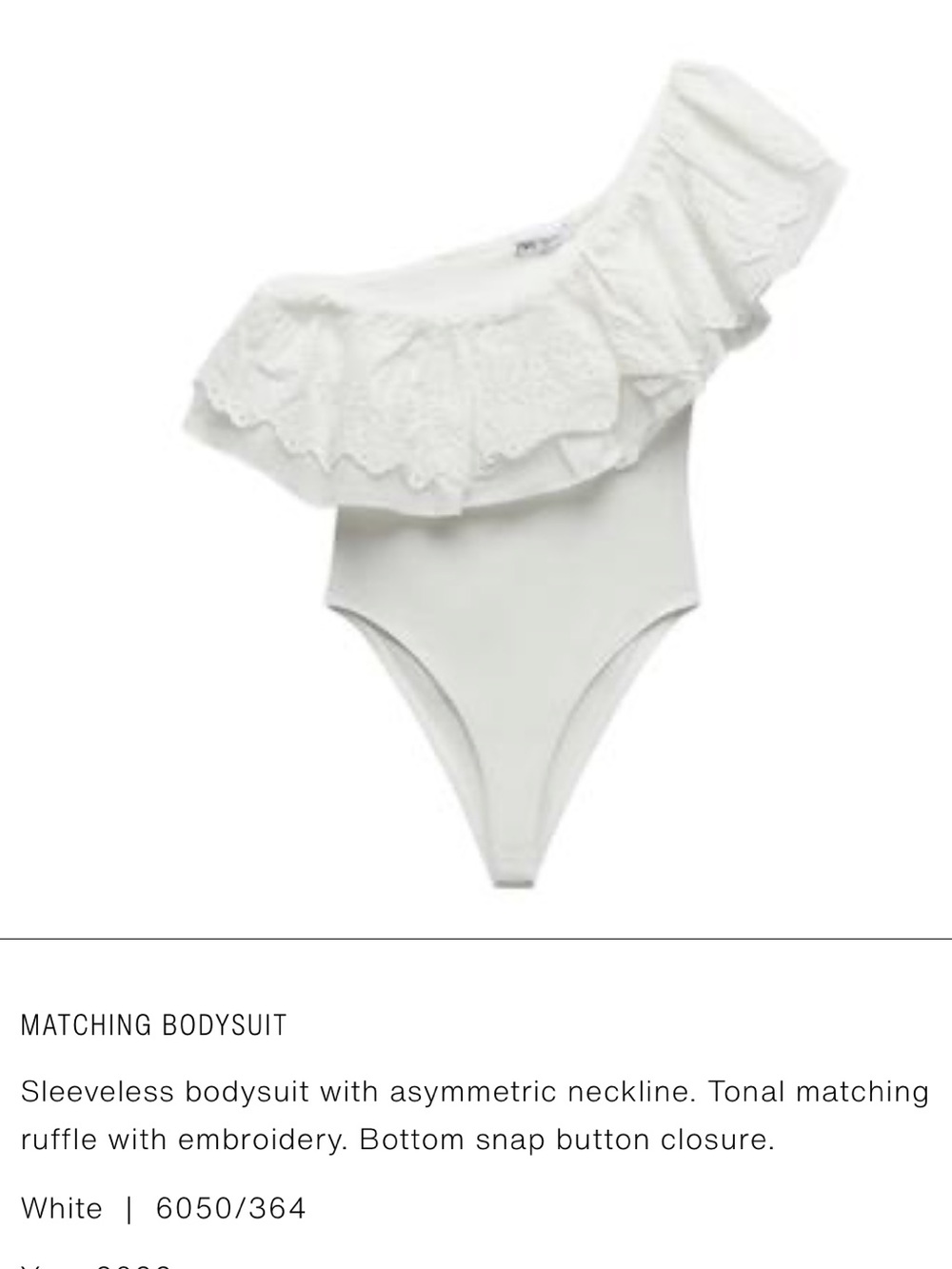 Zara Embroidered Sleeveless One-Shoulder Ruffle Bodysuit